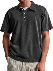 Men's Vintage Washed 100% Cotton Casual Lapel Button Short Sleeve POLO Shirt