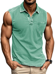 Men's Fashion Daily Distressed Fabric Pocket Sleeveless Polo Shirt 