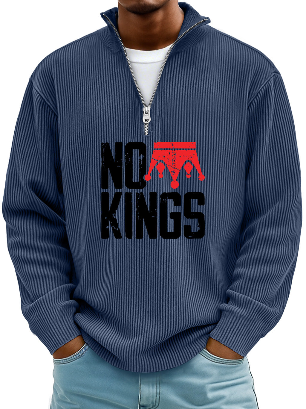 Men's Simple No Kings Ribbed Stand-up Collar Zipper Casual Long-sleeved T-shirt