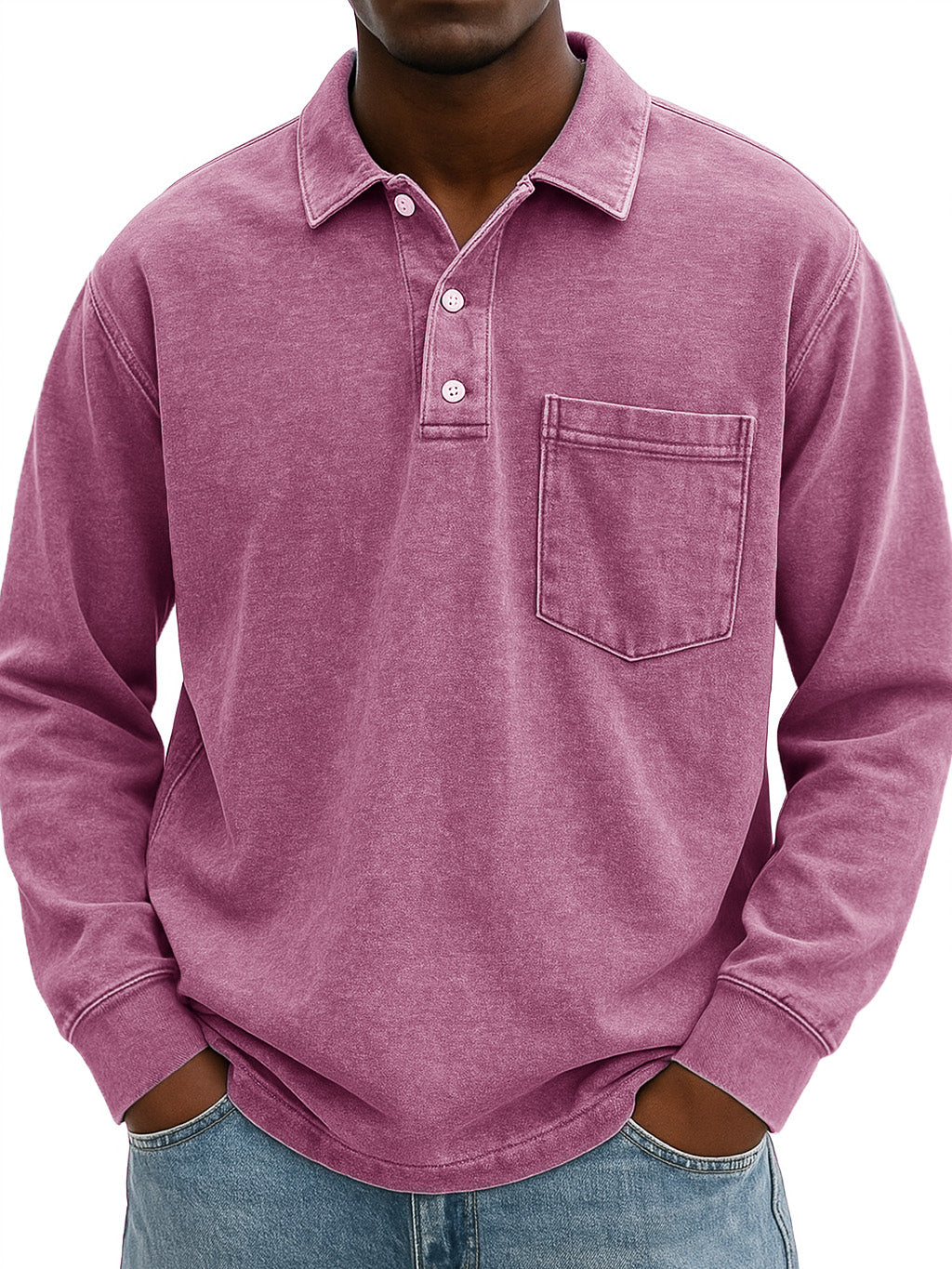 Men's Stylish Vintage Distressed Pocket Lapel Long-sleeved Polo Shirt 