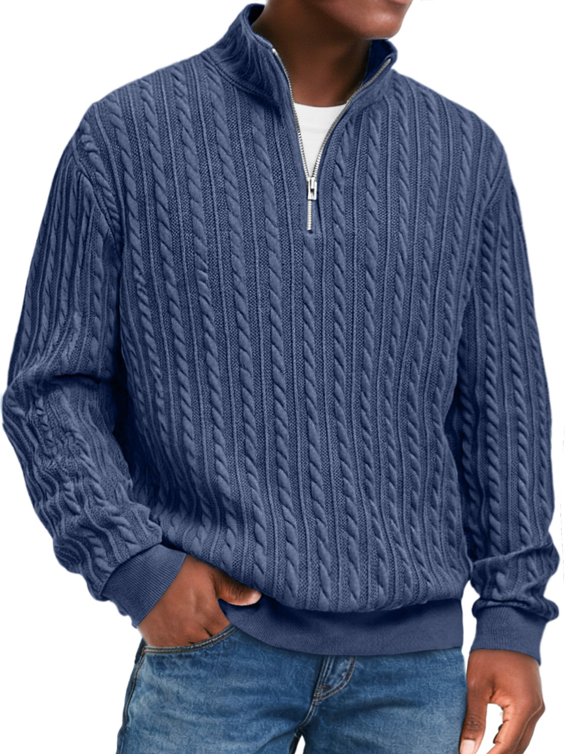 Men's Fashion Textured Stand Collar Zipper Casual Long Sleeve T-shirt