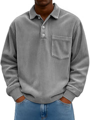Men's Clothing Fashionable Casual Retro Lapel Corduroy Pit Strip Fabric Long-sleeved Pocket Polo Shirt 