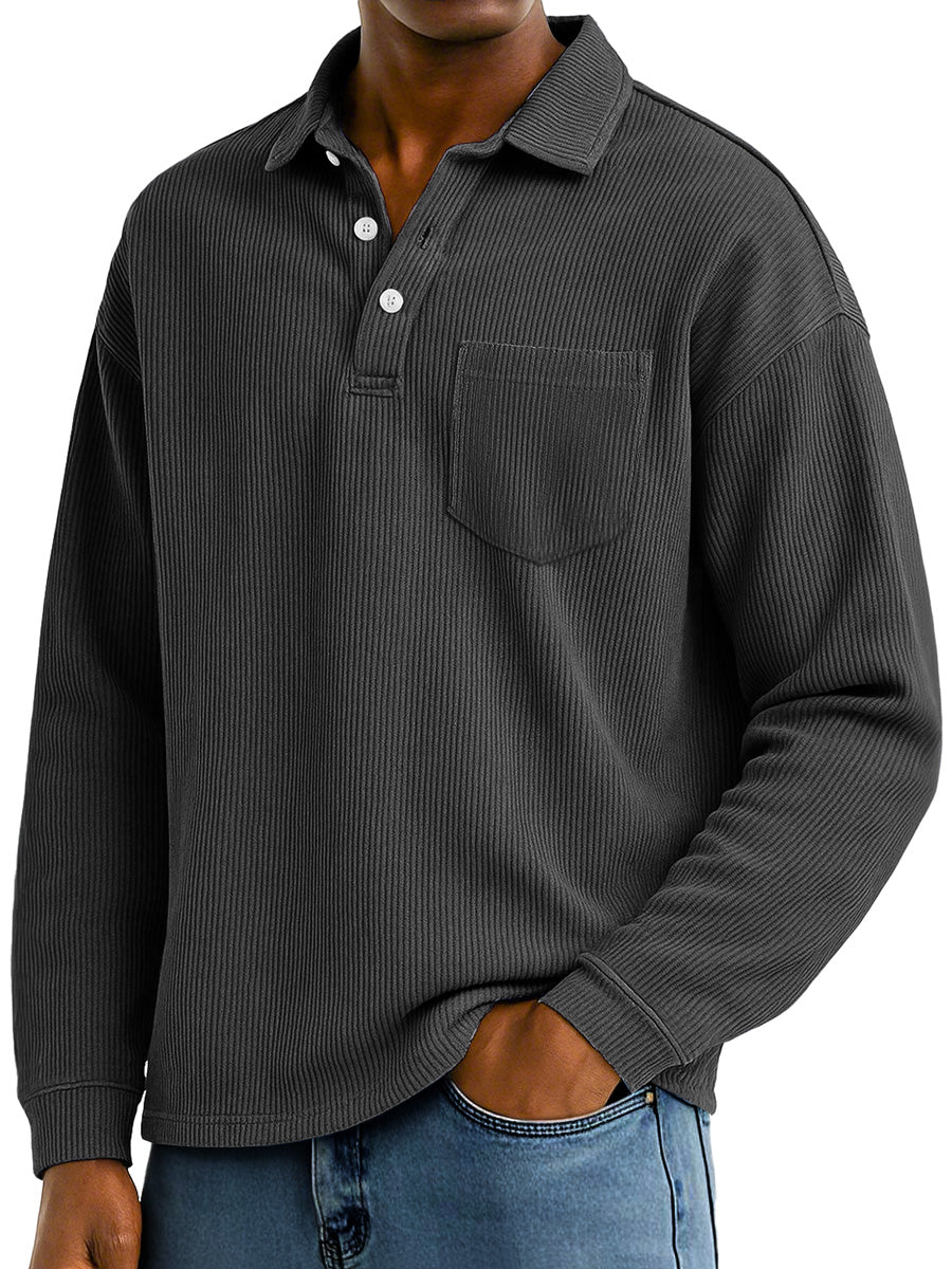 Men's Daily Ribbed Lapel Button-down Casual Pocket Polo Shirt