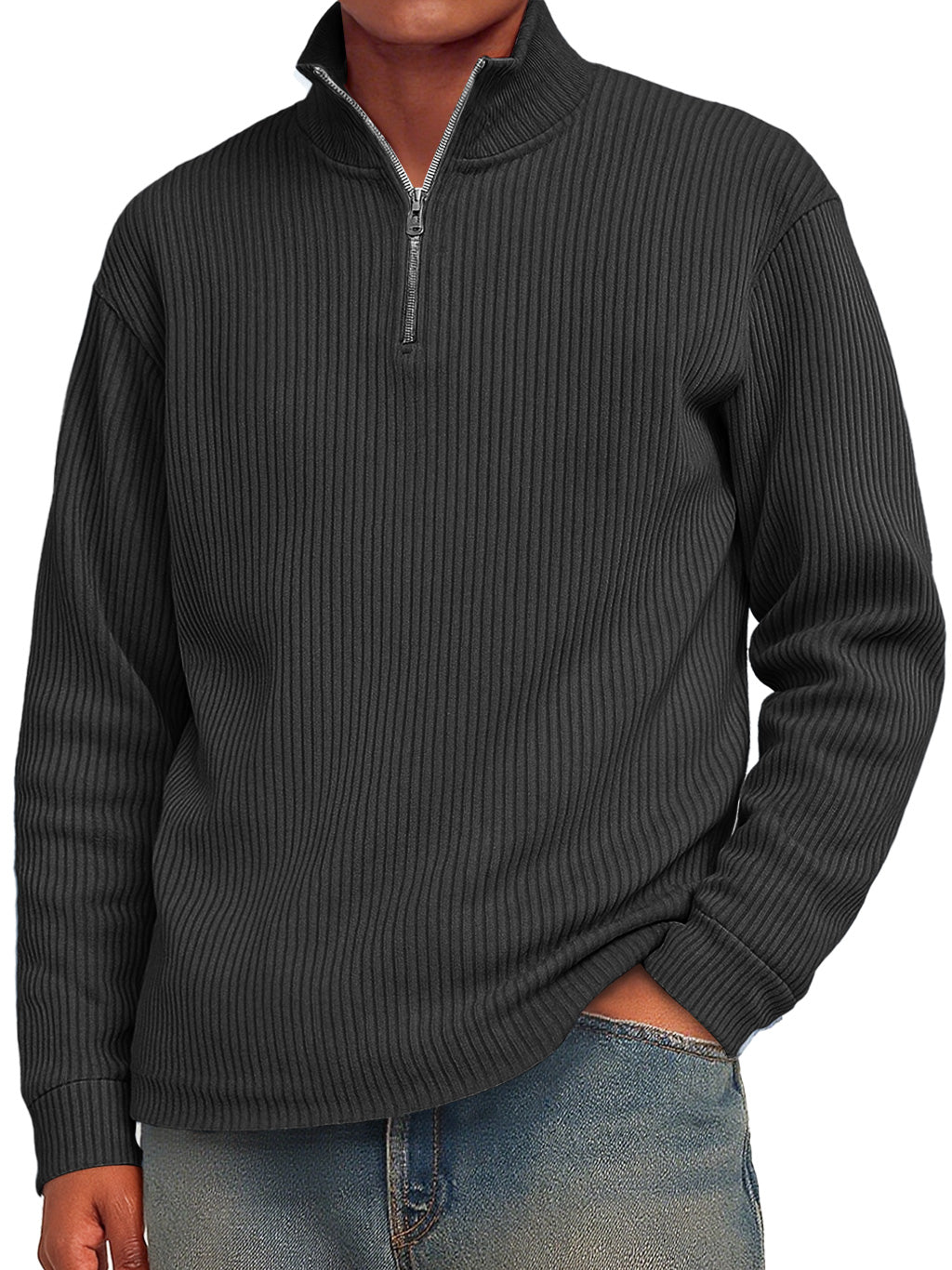 Men's Fashion Striped Stand Collar Zipper Casual Long Sleeve T-shirt