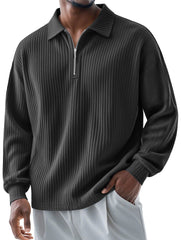Men's Fashionable Ribbed Lapel Zipper Casual Long-sleeved Polo Shirt