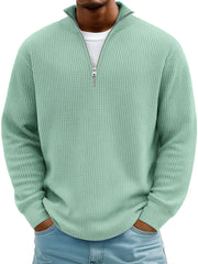 Men's Everyday Waffle Stand Collar Zipper Casual Long Sleeve T-shirt