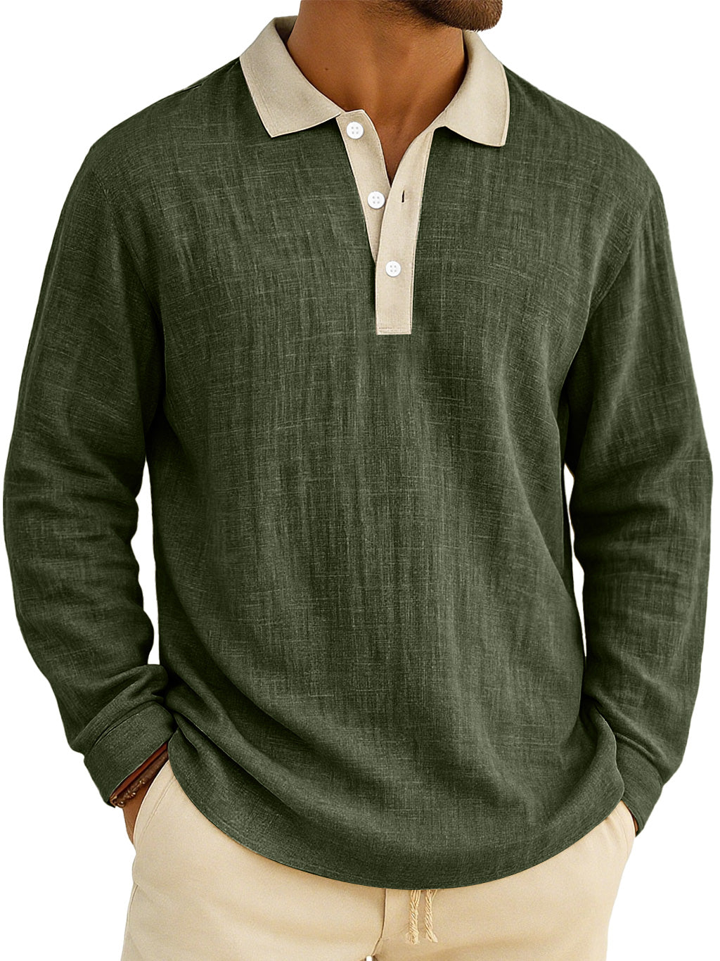 Men's Retro Everyday Colorblock Lapel Button Comfort Long Sleeve Polo Shirt