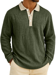 Men's Retro Everyday Colorblock Lapel Button Comfort Long Sleeve Polo Shirt