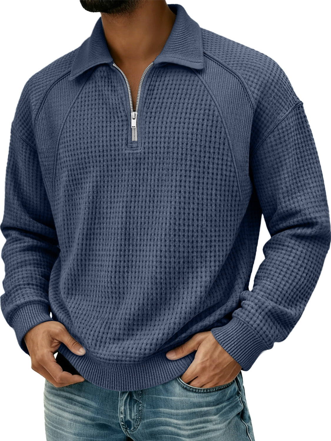 Men's Waffle Lapel Zipper Design Split Stitching Polo Shirt