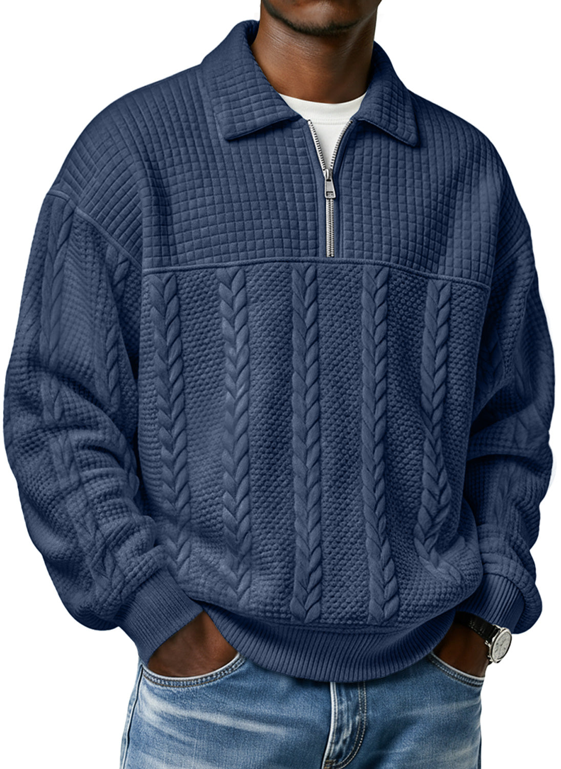 Men's Textured Lapel Zipper Casual Long Sleeve Polo Shirt