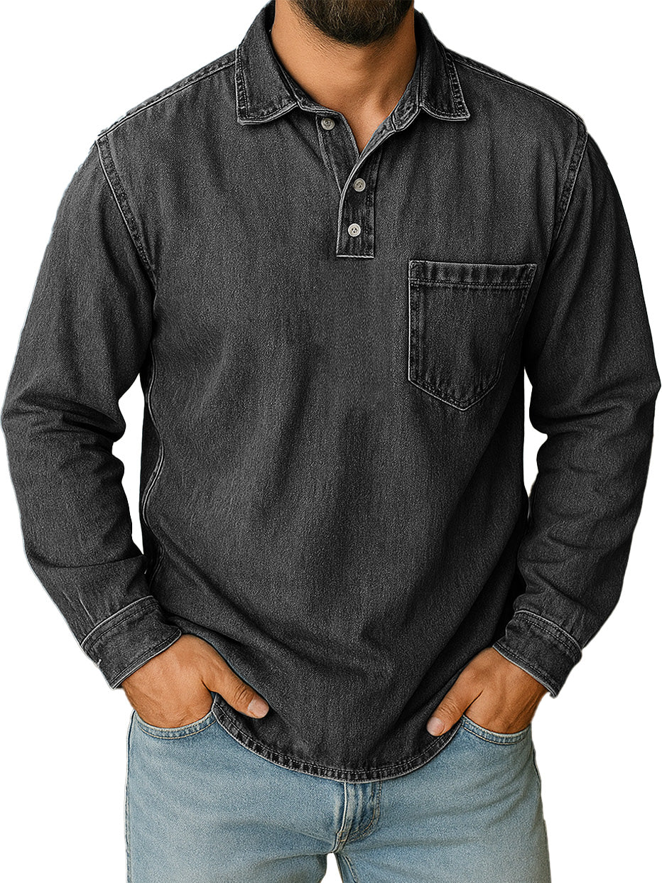 Men's Stylish Vintage Distressed Pocket Lapel Long-sleeved Polo Shirt 