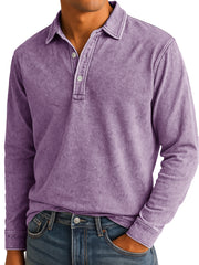 Men's Stylish Vintage Washed And Distressed Lapel Long-sleeved Polo Shirt 