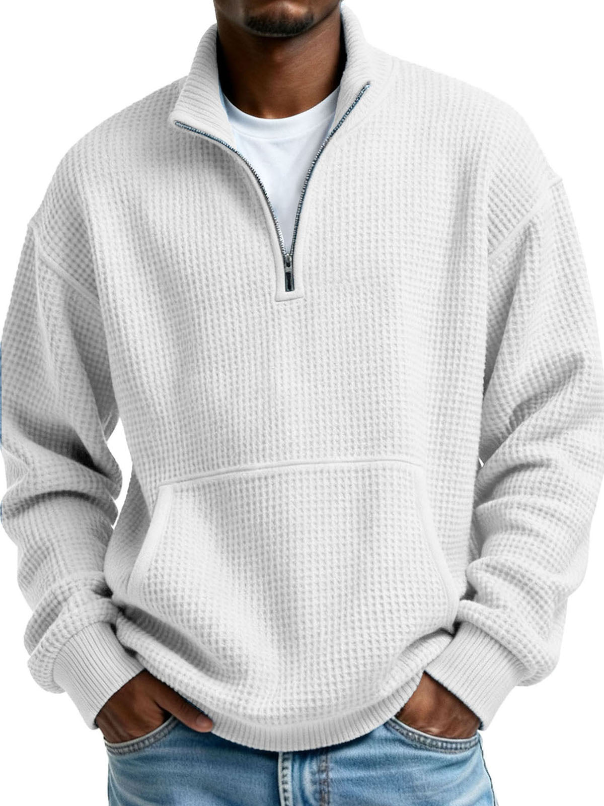 Men's Clothing Fashionable Casual Pit Strip Fabric Upright Collar Zipper Pockets Long-sleeved Hoodie