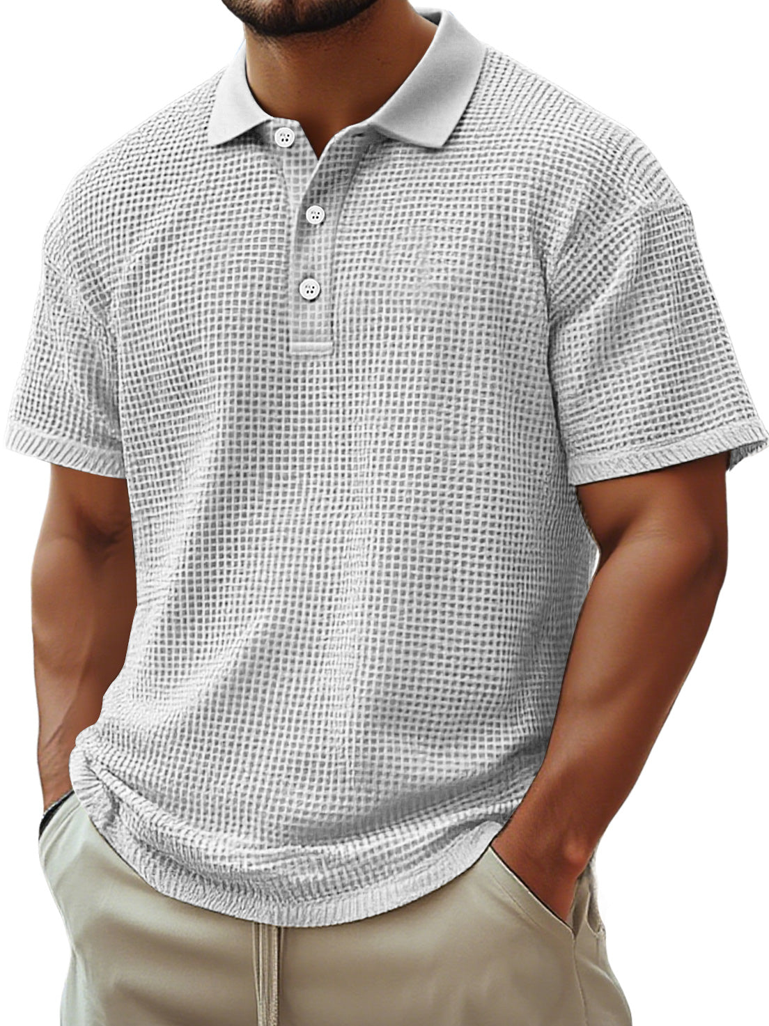 Men's Everyday Waffle Casual Lapel Button Down Comfortable Short-sleeved Polo Shirt