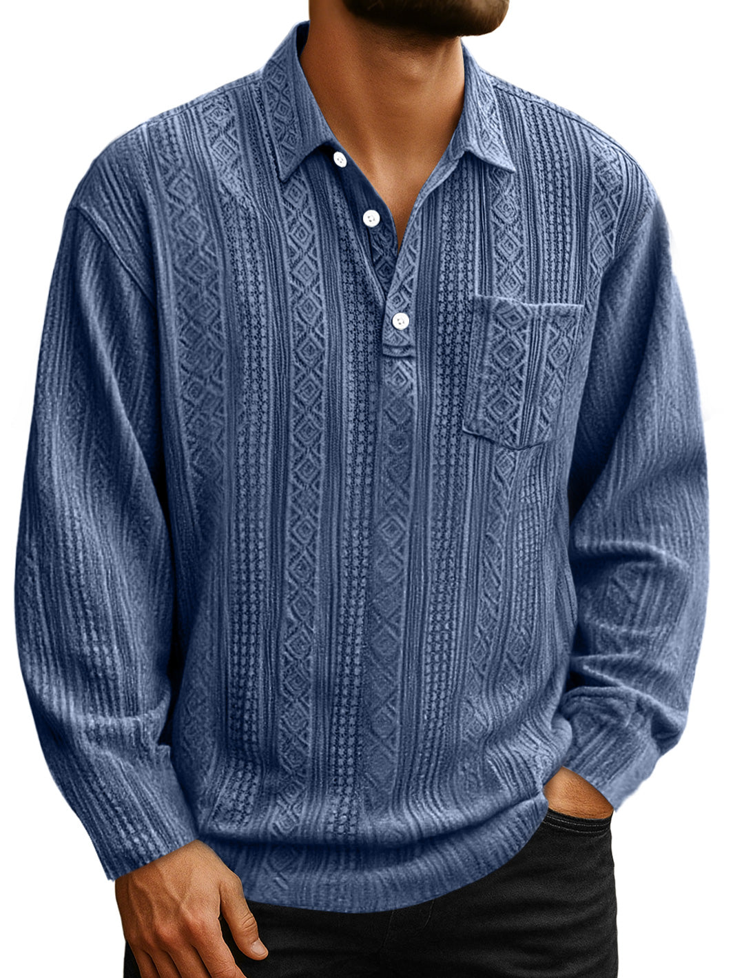 Men's Daily Jacquard Texture Lapel Button Casual Long-sleeved Polo Shirt