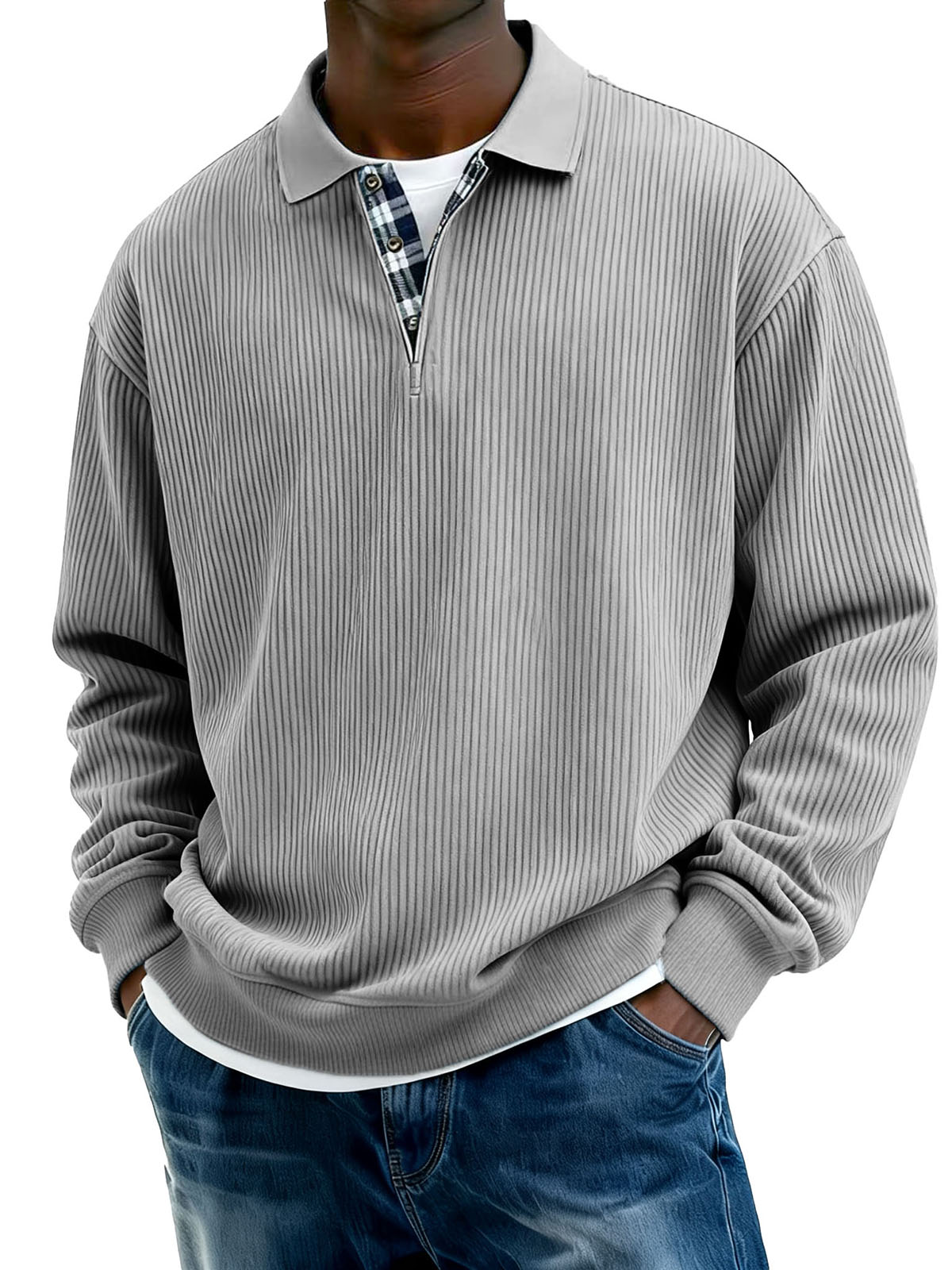 Men's Stylish Everyday Plaid Placket Patchwork Ribbed Fabric Long-sleeved Polo Shirt