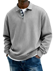 Men's Stylish Everyday Plaid Placket Patchwork Ribbed Fabric Long-sleeved Polo Shirt
