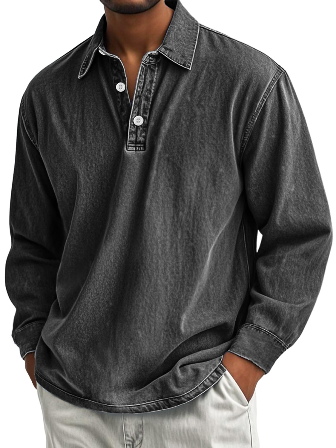 Men's Retro Casual Lapel Button Down Distressed Long Sleeve Polo Shirt