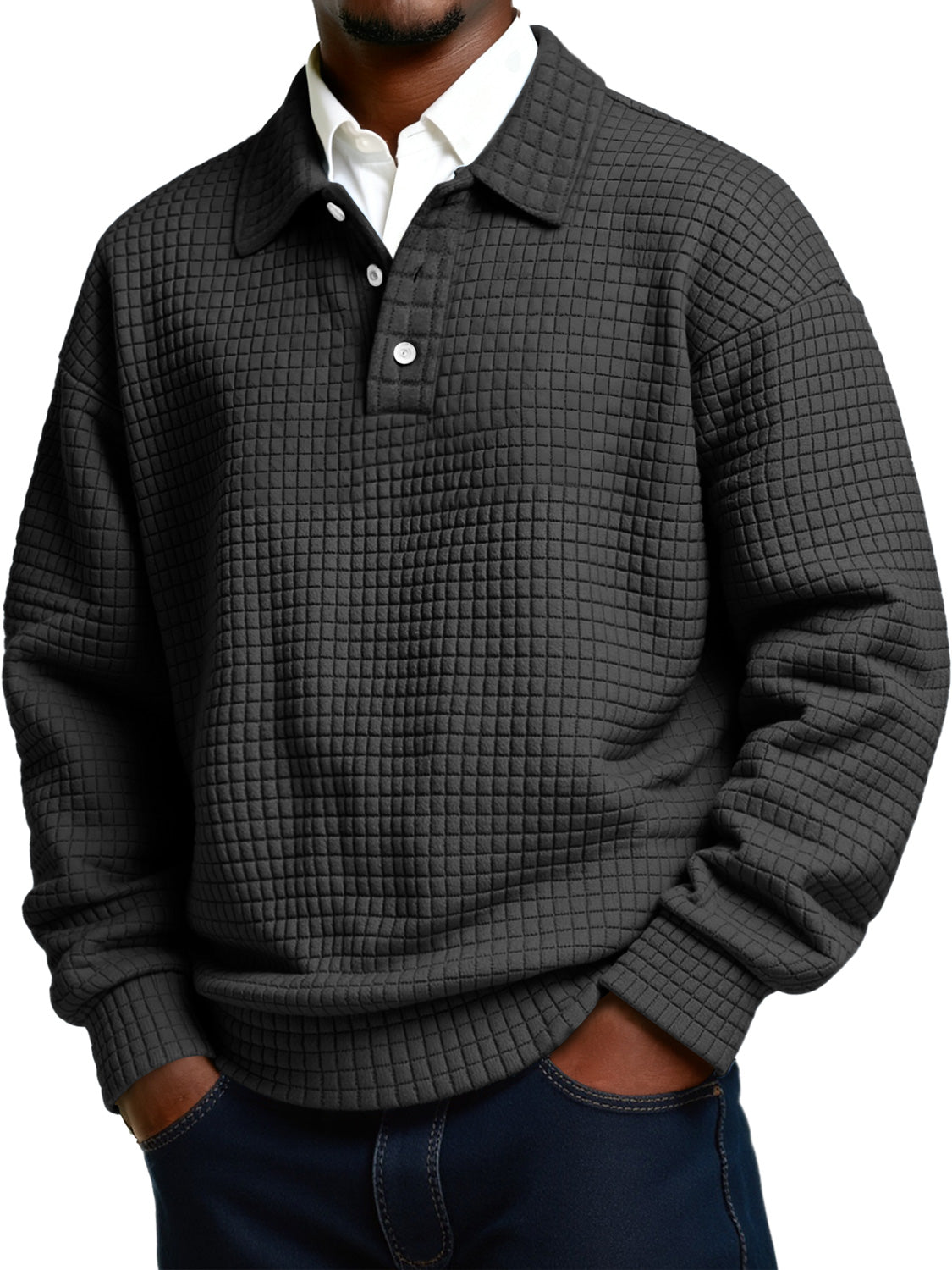 Men's Daily Small Plaid Lapel Button Casual Long-sleeved Polo Shirt