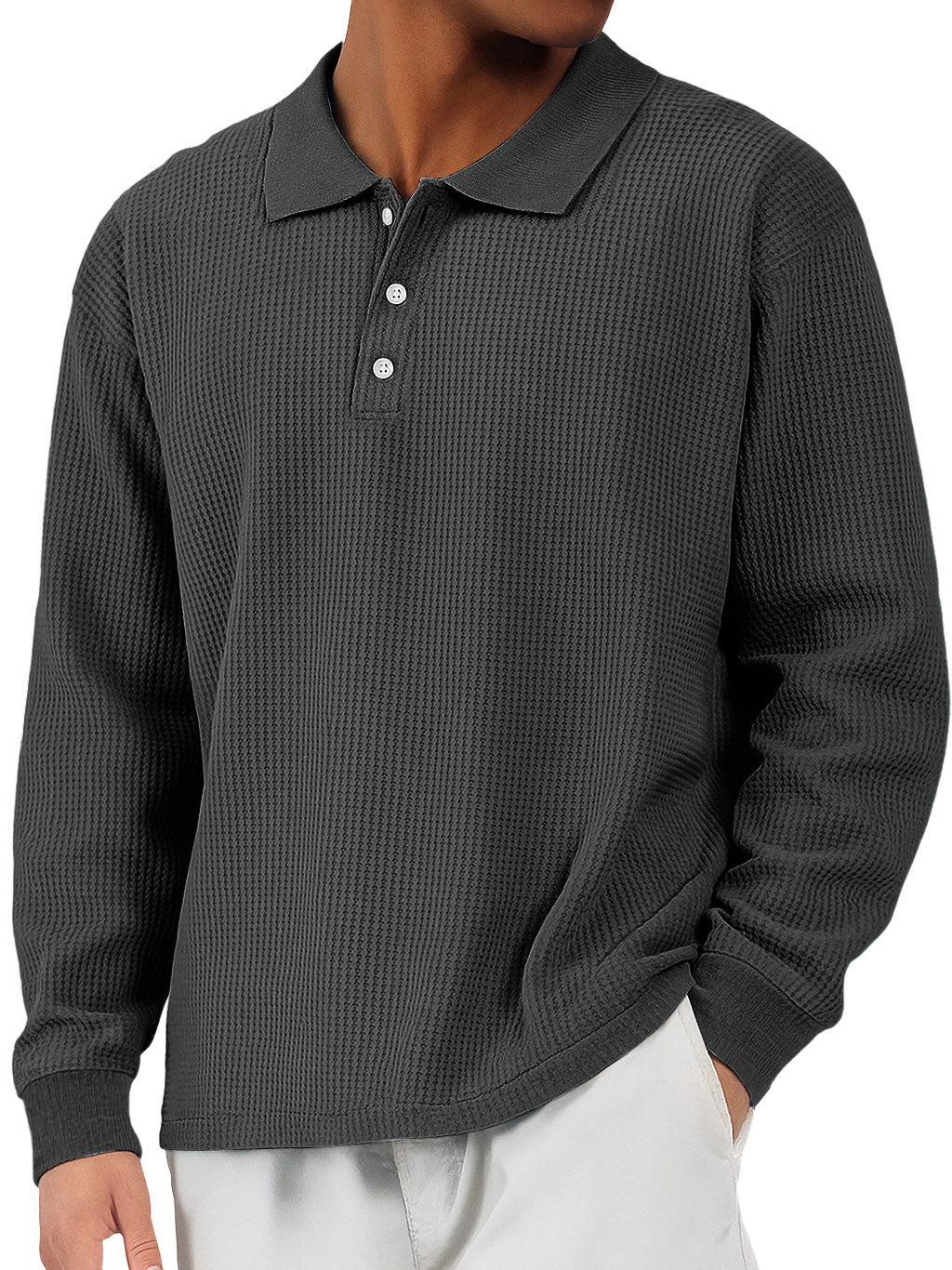 Men's Everyday Waffle Lapel Button-down Loose Casual Long-sleeved Polo Shirt