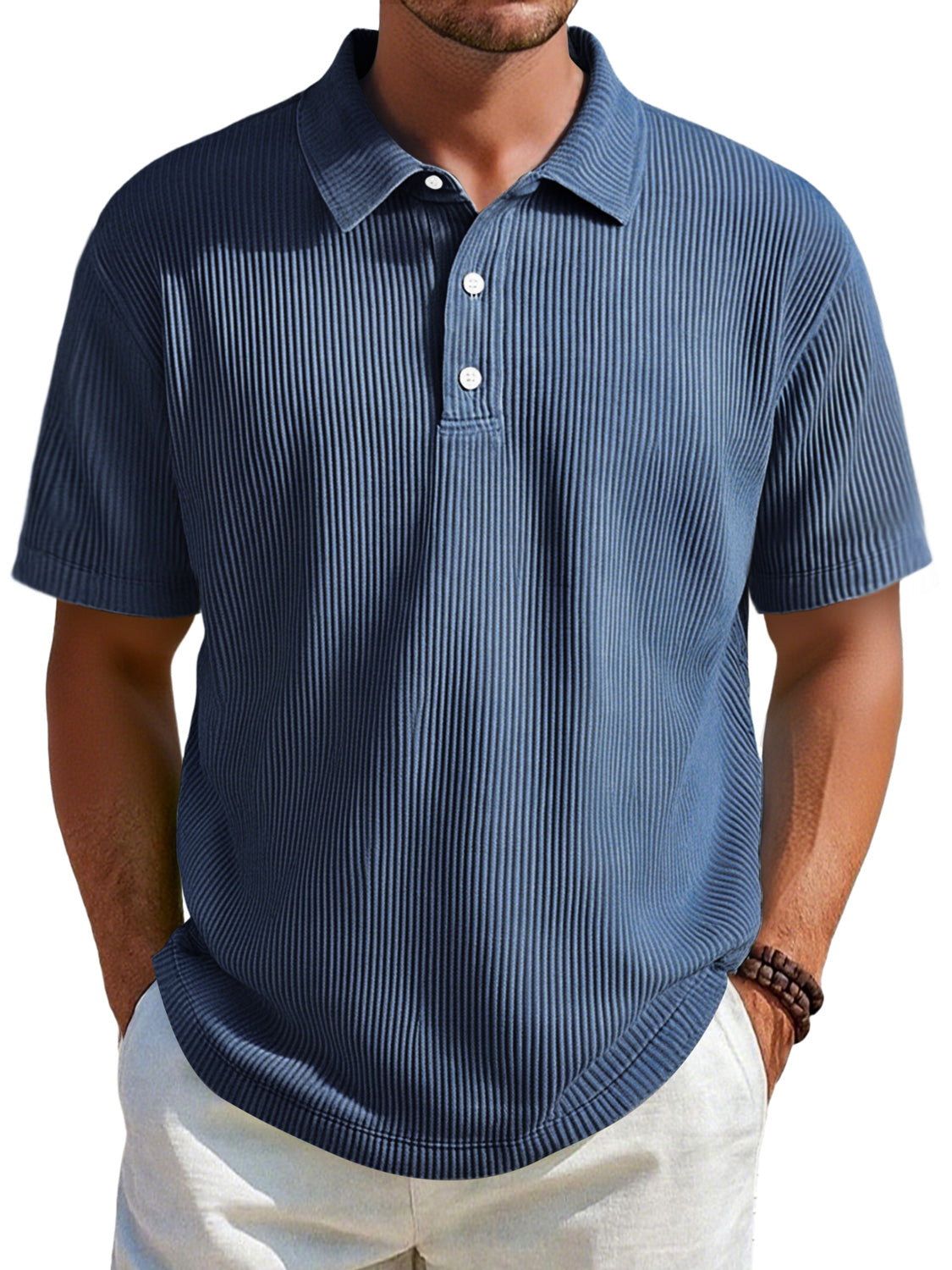 Men's Daily Ribbed Lapel Button Casual Solid Color Short-sleeved Polo Shirt