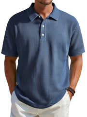 Men's Daily Ribbed Lapel Button Casual Solid Color Short-sleeved Polo Shirt