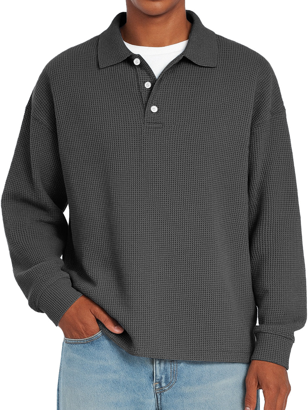 Men's Daily Waffle Casual Lapel Button Loose Long Sleeve Polo Shirt