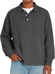 Men's Daily Waffle Casual Lapel Button Loose Long Sleeve Polo Shirt
