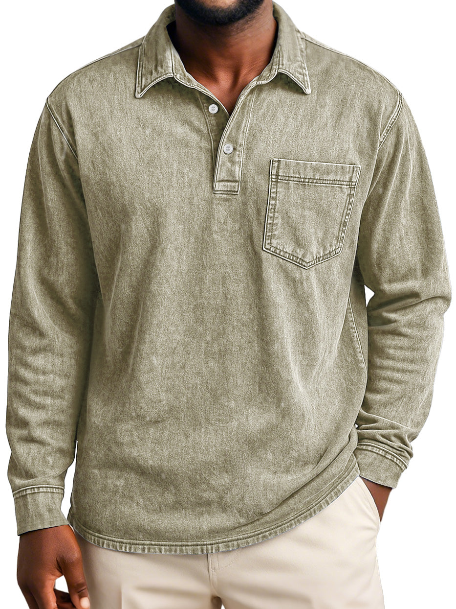 Men's Retro Casual Lapel Pocket Distressed Long-sleeved Polo Shirt