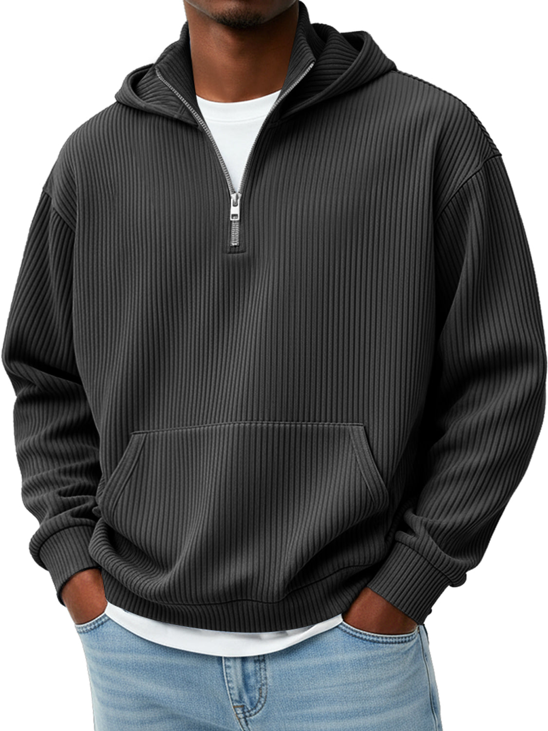 Men's Pit Stripe Stand Collar Zipper Casual Loose Hooded Sweatshir