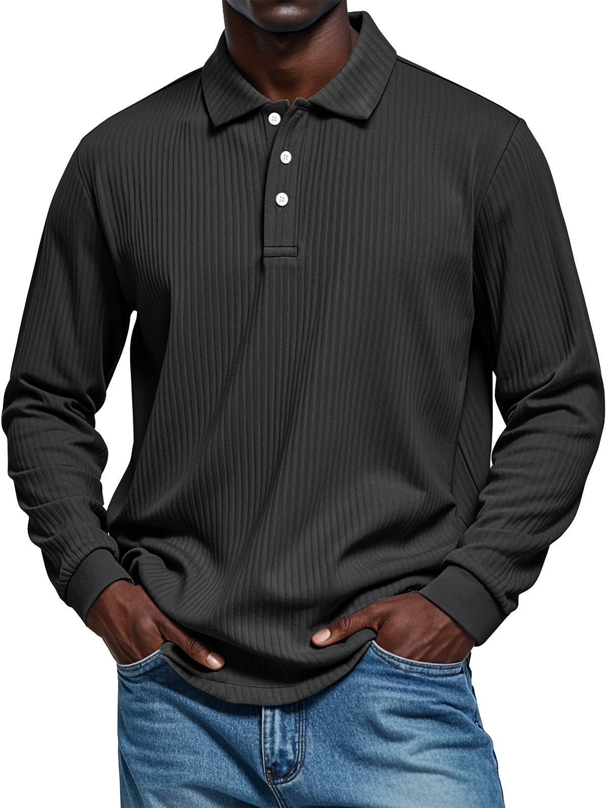 Men's Pit Texture Casual Button Solid Color Long-sleeved Polo Shirt