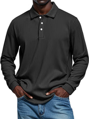 Men's Pit Texture Casual Button Solid Color Long-sleeved Polo Shirt