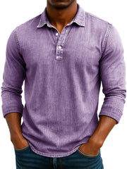 Men's Stylish Retro Washed And Distressed Lapel Long-sleeved Polo Shirt 