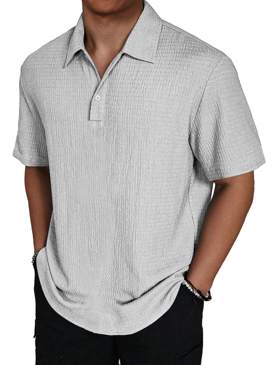 Men's Fashion Texture Lapel Button Casual Solid Color Short Sleeve POLO Shirt