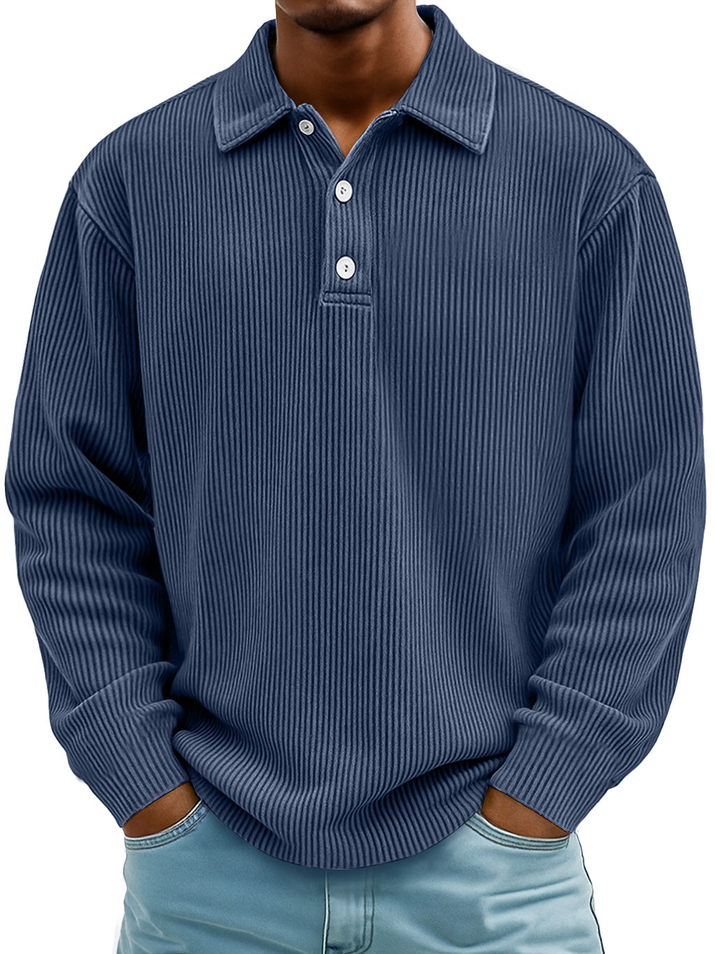 Men's Daily Casual Ribbed Lapel Button-down Loose Long-sleeved Polo Shirt