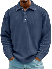 Men's Daily Casual Ribbed Lapel Button-down Loose Long-sleeved Polo Shirt