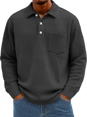Men's Everyday Waffle Lapel Button Casual Pocket Long Sleeve Polo Shirt