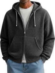 Men's Fashion Waffle Texture Casual Loose Hooded Zipper Jacket