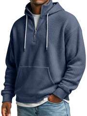 Men's Waffle Collar Zipper Casual Loose Hooded Sweatshirt