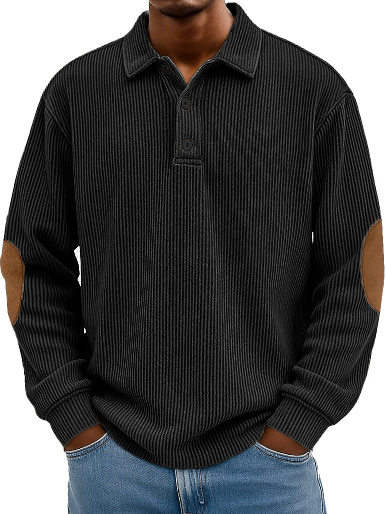 Men's Wear Fashionable Retro Stitching Pit Strip Long-sleeved Lapel Polo Shirt 