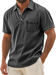 Men's Retro Casual Lapel Pocket Solid Color Short Sleeve Polo Shirt