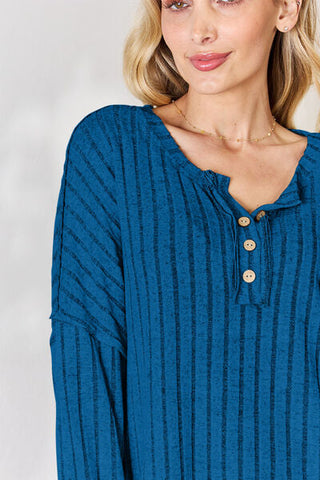 Women's Basic Bae Full Size Ribbed Half Button Long Sleeve T-Shirt