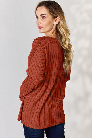 Women's Basic Bae Full Size Ribbed Half Button Long Sleeve T-Shirt