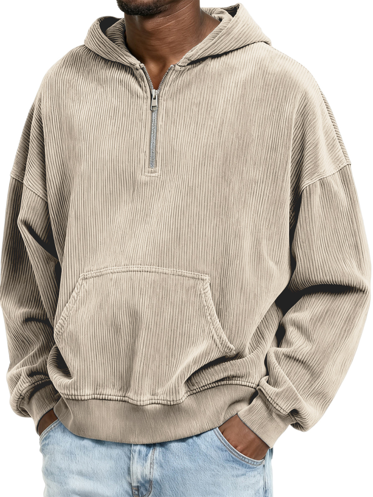 Corduroy Ribbed Stylish Quarter Zip Pullover Sweatshirt with Kangaroo Pocket