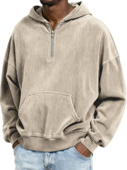 Corduroy Ribbed Stylish Quarter Zip Pullover Sweatshirt with Kangaroo Pocket