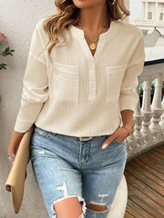 Devine Pocketed Notched Long Sleeve Blouse