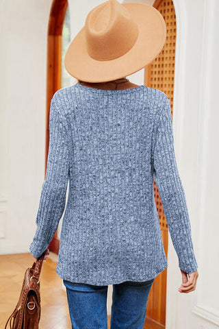 Women's Eyelet Ribbed Round Neck Long Sleeve T-Shirt