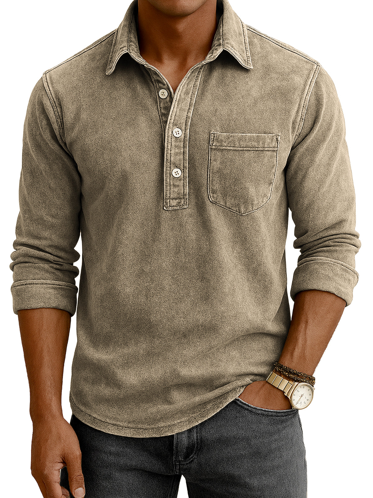 Men's Vintage Distressed Casual Daily Long-sleeve Polo Shirt with Chest Pocket