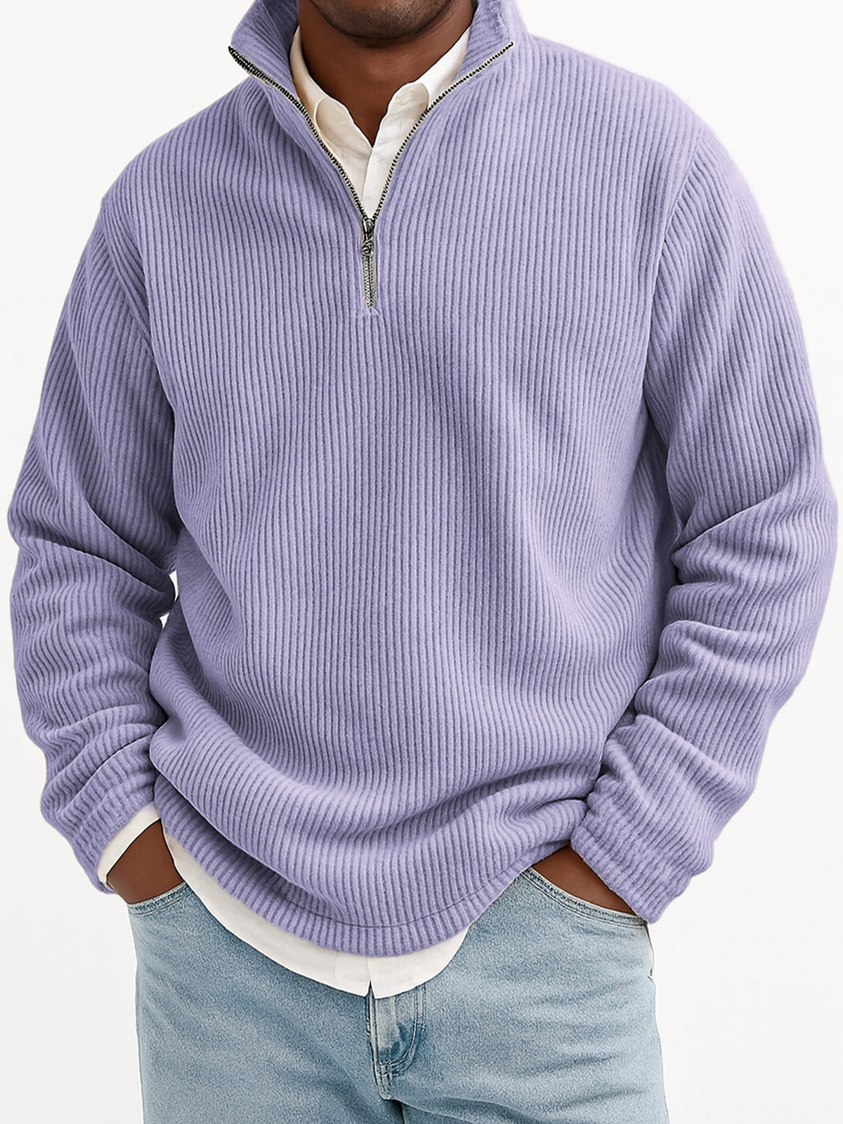 Men's Stylish Quarter-Zip Corduroy Ribbed Polo Sweatshirt