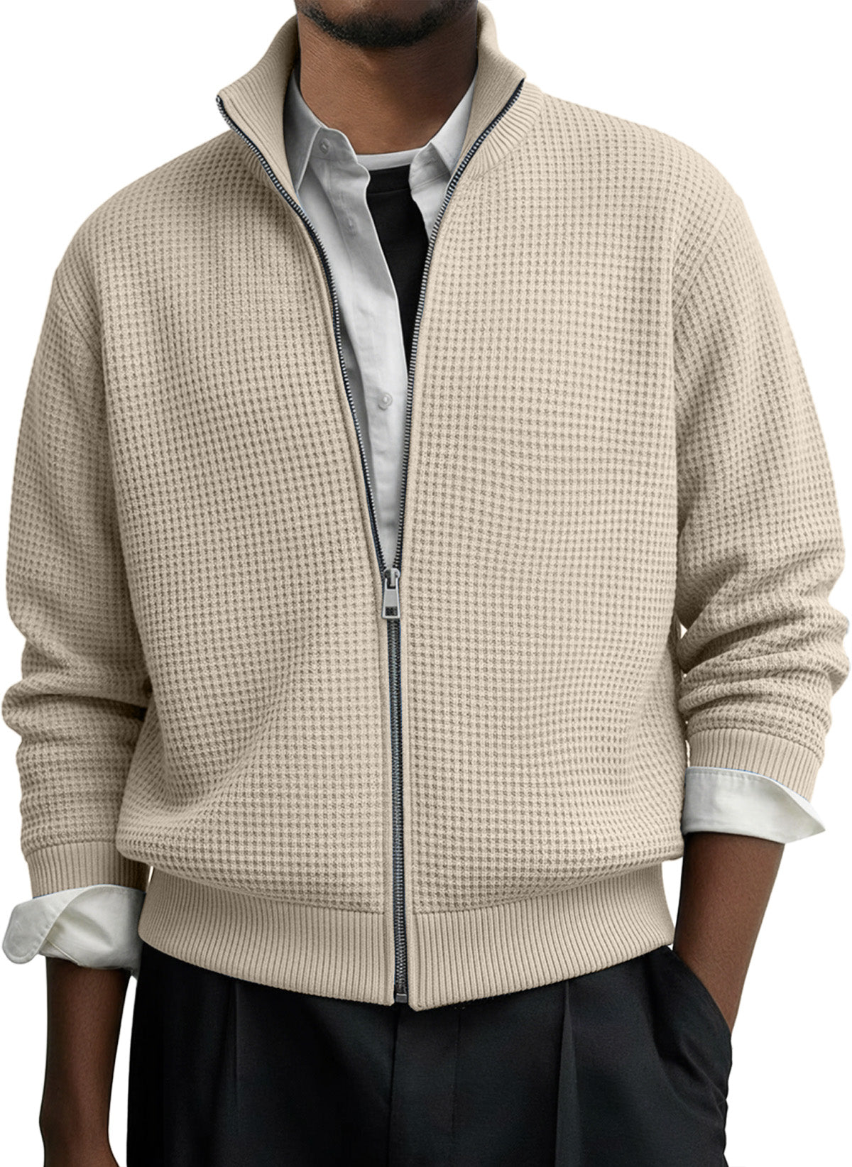 Men's Casual Solid Waffle Zip-up Long Sleeved Jacket